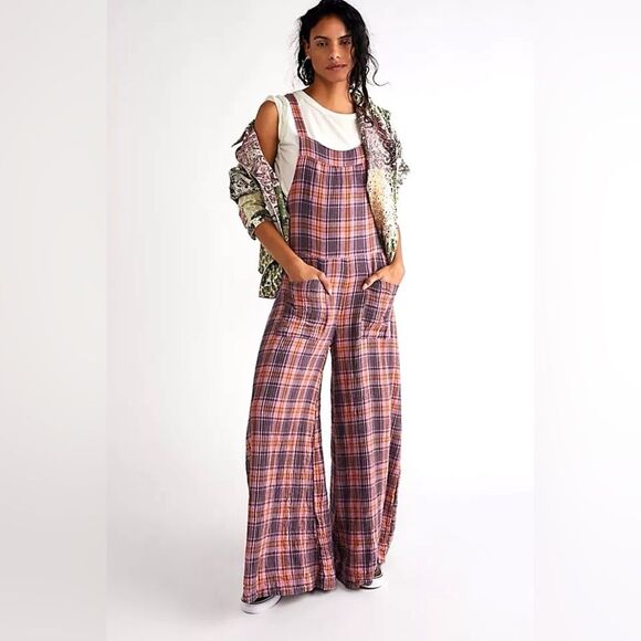 Free People Pants - Free People x CP Shades Pink, Purple, Orange Plaid Overall Flare Wide Leg Sz S